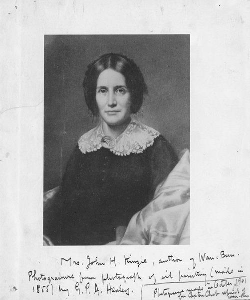 Waist-up portrait of Mrs. John Kinzie, born Juliette Augusta Magill (1808-1870), author of "Wau-Bun", from an oil painting made in 1855 by G.P.A. Healey.