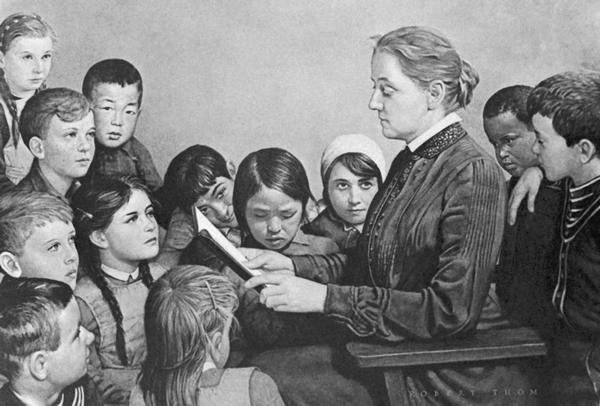Jane Addams holding an open book, surrounded by immigrant children.