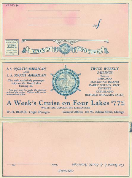 Front of Tuesday luncheon menu for the "South American" for season. Gives rates for cruises on the "North American" or "South American" between Chicago, Illinois, Mackinac Island, Michigan, Parry Sound, Ontario, Detroit, Michigan, Cleveland, Ohio. and Buffalo, New York. Menu is designed to be folded and addressed and mailed to a friend.