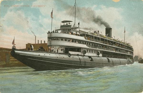 The whaleback "Christopher Columbus" in the Chicago River. Caption reads: "STR. 'Christopher Columbus'."