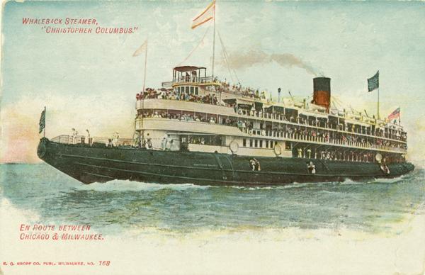 The screw passenger excursion vessel with large crowd of passengers, "Christopher Columbus," en route between Chicago, Illinois and Milwaukee, Wisconsin.