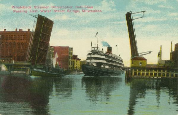 Color postcard depicting the passenger excursion vessel, "Christopher Columbus," approaching the East Water Street Bridge.