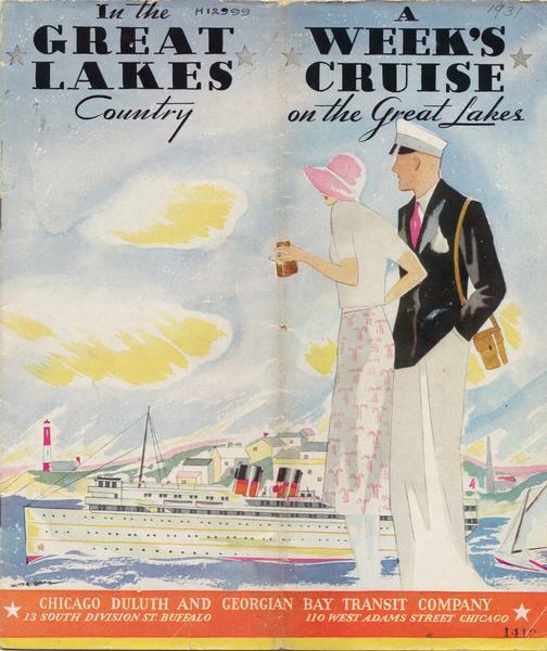 Cover of the Chicago, Duluth and Georgian Bay Transit Company schedule in the Great Lakes Country, depicts a man and a woman watching a ship; either the "North American" or the "South American".