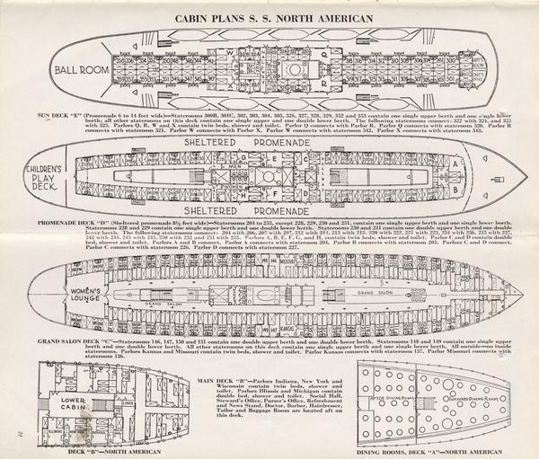 Drawings of the passenger cabin plans for the screw passenger cruise vessel, <i>North American</i>.