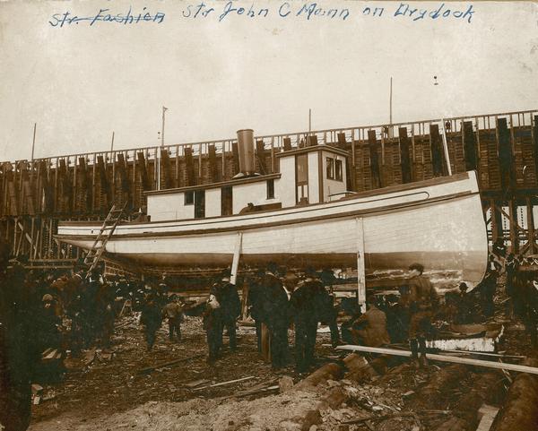 The steamboat "John C. Mann" on drydock.