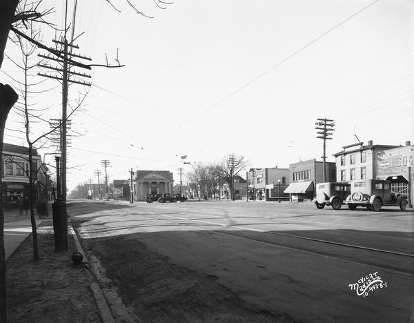 The intersection of Atwood Avenue and Winnebago Street known as Schenk's Corners, with the columned Security State Bank building at the center junction of the streets.