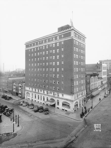 Elevated view of the Belmont Hotel, located at the corner of North Pinckney Street and E. Mifflin Street on the Capitol Square.
