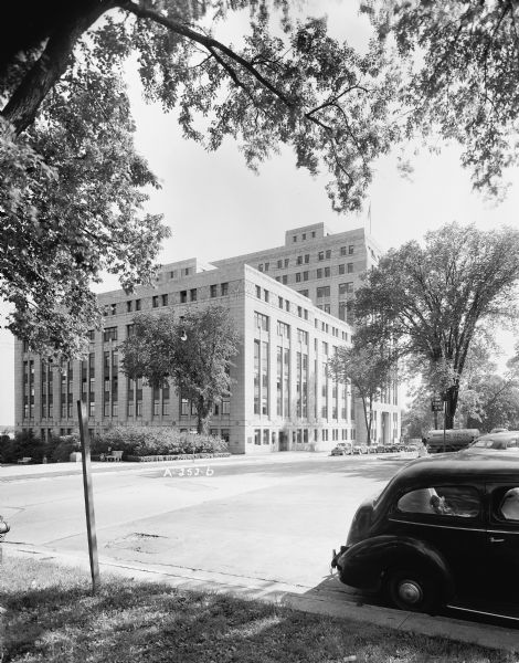 Exterior view of the State Office Building, 1 West Wilson Street. This Art Deco building was designed by Kirchoff and Rose for the office of the state architect, Arthur Peabody.