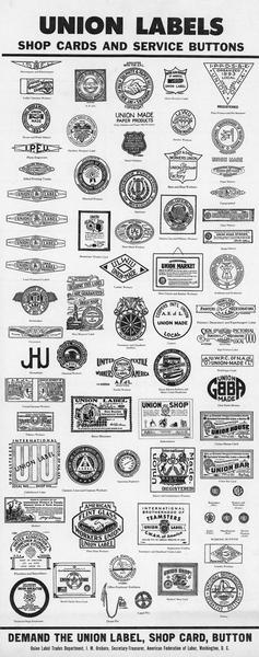 Union Label Trades Department  poster with  samples of shop cards and union buttons from various trades. Created by Amalgamated Meat Cutters & Butcher Workmen of North America as the flip side of the March 1949 calander.