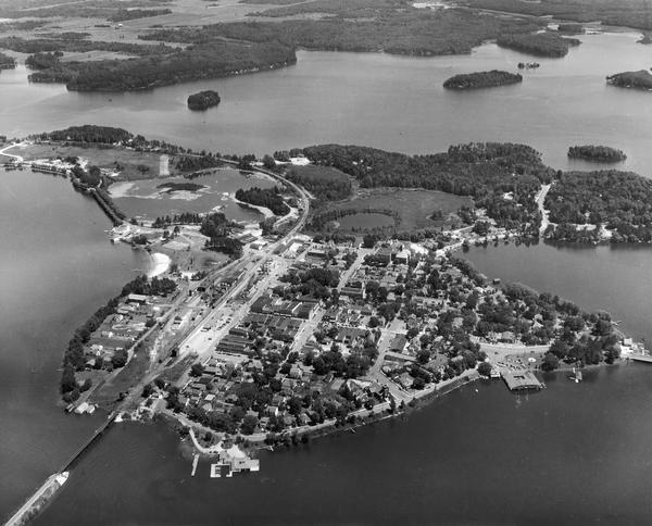 Aerial view of Minocqua showing the surrounding lakes.