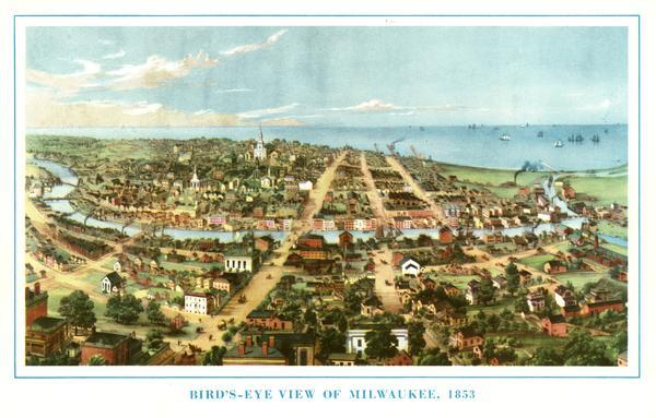 Bird's-eye map of Milwaukee looking east toward Lake Michigan from a bluff, long since graded into a slope, at about 6th Street between Wisconsin Avenue and Michigan Street.