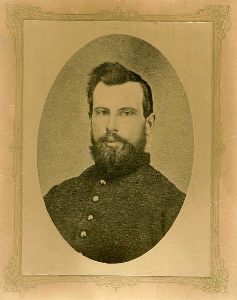 Head and shoulders portrait of Hiram H. Herrick of the 36th Wisconsin Regiment in the Civil War. He enlisted from Middleton, Wisconsin, and was the father of Mrs. Hallock.