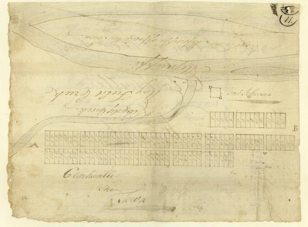 Hand-drawn plan for the layout of the town of Clarksville, bordering Mayfield Creek and Liberty Creek. Fort Jefferson is shown between the townsite and the Mississippi River. The fort was built in April 1780 by Gen. George Rogers Clark on the east side of the Mississippi River just south of the mouth of the Ohio River, as part of impressive plan of settlement, conceived by Governor Patrick Henry of Virginia, to protect the US claim to its western border and to be a key trading post. It was abandoned in July 1781 after attacks by the Chickasaw, but was resettled after the Jackson Purchase in 1818 and became an important Union post during the Civil War. The location (then part of Virginia, now in Ballard County, western Kentucky), about 1 mile south of Wickliffe, is designated by a historic marker.