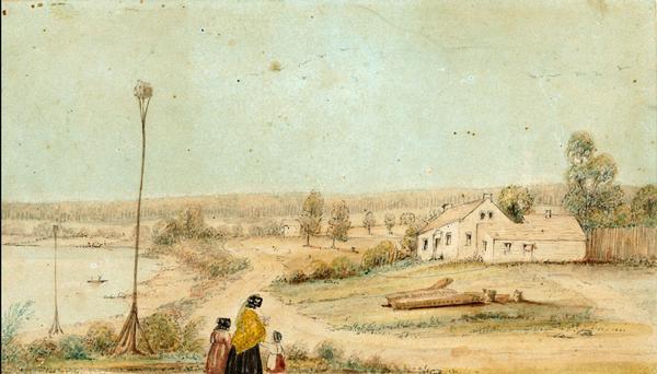 Watercolor of the Reid House, residence of William Reid at the head of Big Foot Lake (Lake Geneva). Two children and a woman are in the foreground.