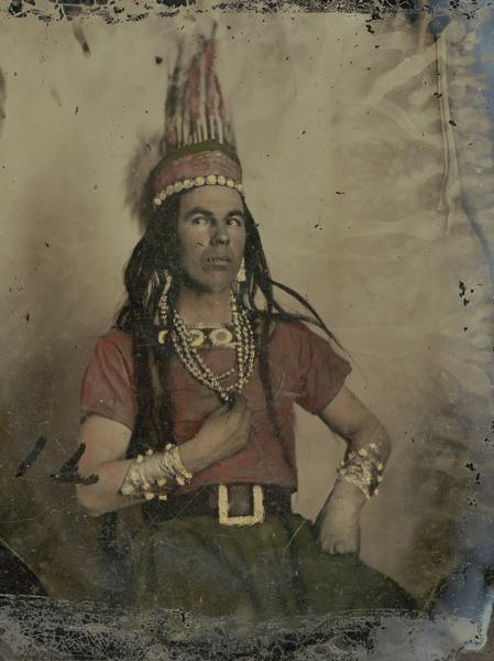 An actor in an Indian headdress and jewelry for performance of "Black Hawk, or Lily of the Prairie," a drama written by Mary Elizabeth Mears and presented in Madison in 1857.