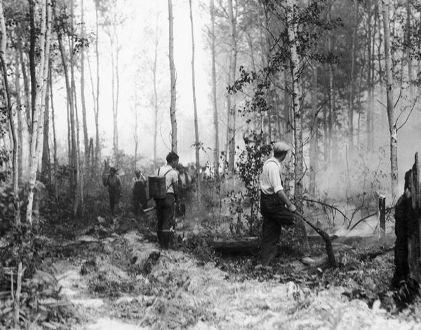 Several men fighting a small forest fire. One man has a water pack on his back.