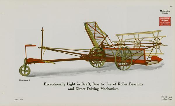 Color lithograph illustration of a McCormick header taken from an International Harvester General Line Catalog. Includes the text: "grand prize winner at San Francisco exposition."