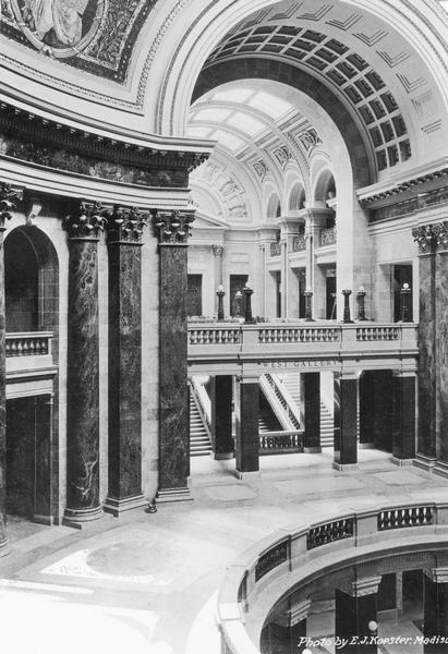 Interior of the Wisconsin State Capitol rotunda with a view of the west gallery.