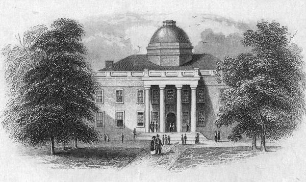 An engraving of the second Wisconsin State Capitol (the first built in Madison) that appeared on the notes of the State Bank of Madison, the first bank organized under the Banking Law of 1851.