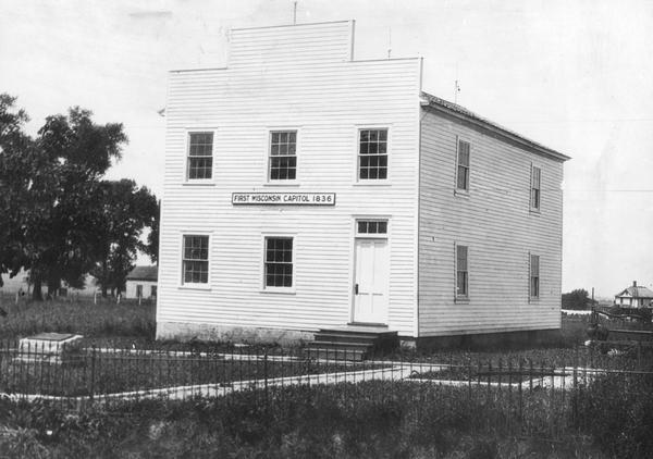 Exterior of the first Wisconsin Territorial Capitol, which was rented by the Legislature who met there for 46 days in 1836. The building was restored in 1924.