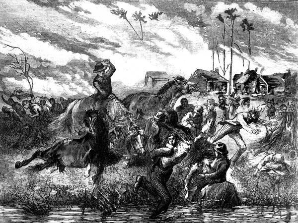 Drawing of the Peshtigo Fire, showing people seeking refuge in the Peshtigo River.