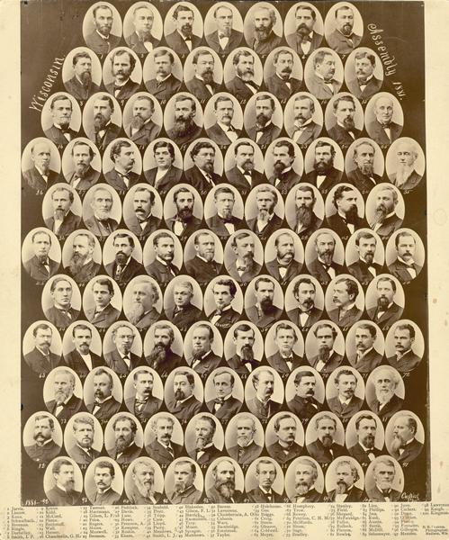 Composite of photographic portraits of men in the Wisconsin State Assembly. Along the bottom a numbered list of names identifies each man.