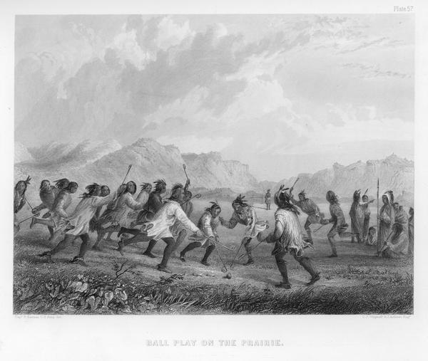 Native Americans playing a lacrosse-like game of ball.