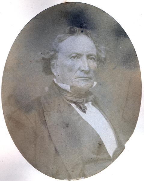 Quarter-length oval portrait of Solomon Juneau. He was born in Lower Canada on August 9th, 1793, Juneau came to Michigan (then), now Wisconsin, in September of 1816. He was the both the first white settler of Milwaukee and the city's first mayor.