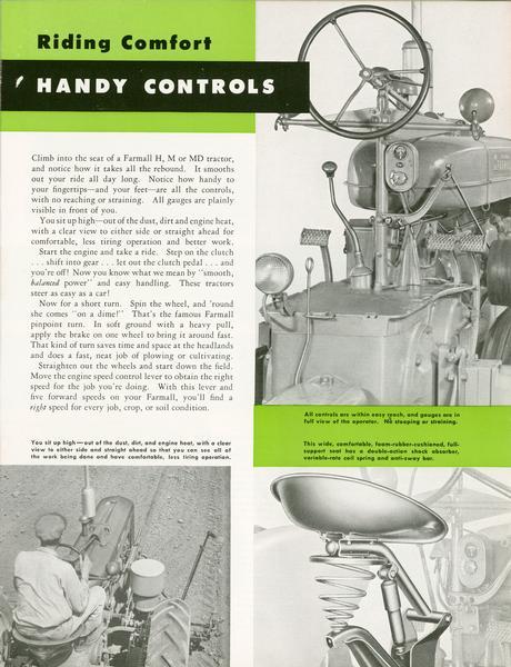 Advertising illustrations of different comfort controls available on the McCormick H, M and MD tractors. Pictured here are the steering, handling and seating controls. This image comes from an advertising brochure for the McCormick Farmall H, M and MD tractors.