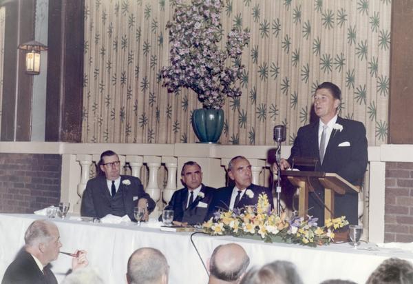 Ronald Reagan speaking to a group of business people at a meeting of the Wisconsin Manufacturers' Association.