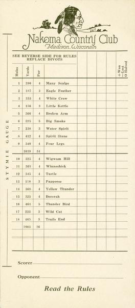 Front view of golf score card for the Nakoma Country Club featuring illustration of a Native American man at the top.