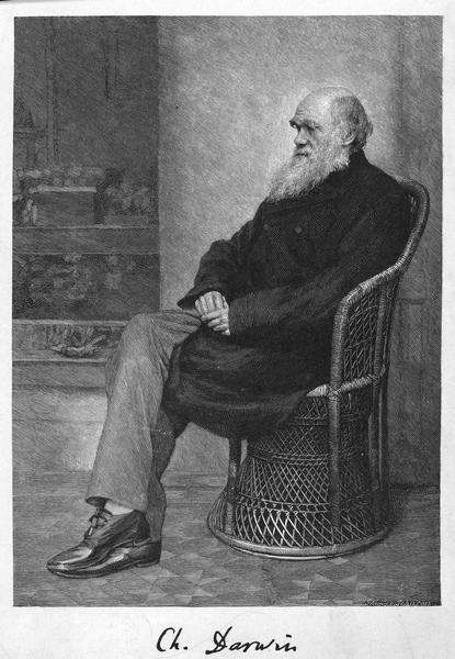 Charles Darwin seated on a wicker chair with folded hands.