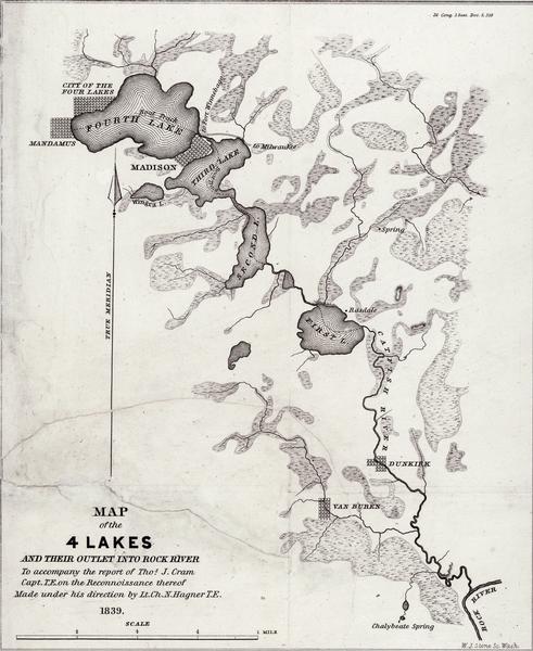 This map shows the hydrology of Madison and its vicinity at the height of interest in a proposed Milwaukee and Rock River Canal. It was made by Thomas Jefferson Cram of the U.S. Topographical Engineers from personal surveys, and shows the course of the Yahara River from Lake Mendota to its junction with the Rock River. It also shows several "paper cities" that were proposed by developers but never built.