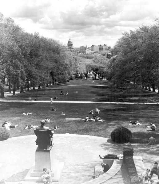 Elevated view of University of Wisconsin-Madison's upper campus from Lincoln Terrace down Bascom Hill. The Wisconsin State Capitol can be seen in the distance.