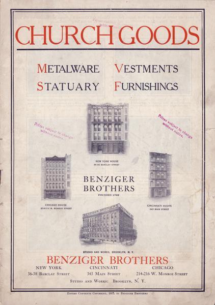Front cover of the Benziger Brothers Church Goods catalog advertising metal ware, vestments, statuary, and furnishings.