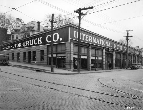 Dealership building of the Simpson Motor Truck Company, an International truck dealer at 111 East Main Street in Clarksburg.