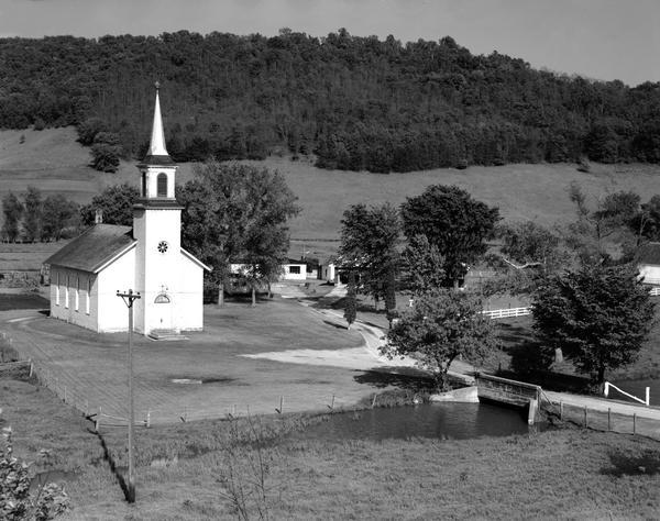 Elevated view of Evangelical United Brethren church in the vicinity of Highway T.