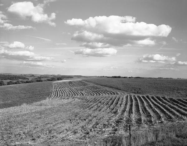 A contoured cornfield after harvest, with a distant landscape.