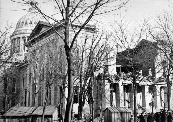 The ruins of the unfinished South Wing of the third Wisconsin State Capitol after its collapse while still under construction.