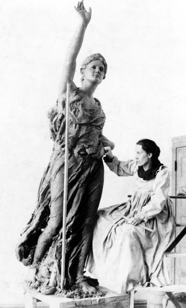 Sculptor Jean Pond Miner working on her statue "Forward" in the Wisconsin Building at the Columbian Exposition.