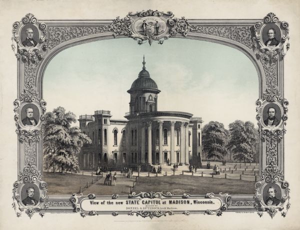 Lithograph of the Wisconsin State Capitol, surrounded by portraits of Wisconsin Statesmen. Governor Bashford hired the Madison architectural firm Kutzbock and Donnel to design an addition to the capitol, which would be the first phase of the construction of an entirely new building. Kutzbock and Donnel's proposed a modest structure with two large porticoed wings to house legislative chambers, octagonal towers at the corners, and a small, cupola-like dome.