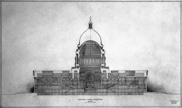 Drawing of plans for the Wisconsin State Capitol, with a scale of one inch to 16 feet. The architects were George B. Post and Sons.