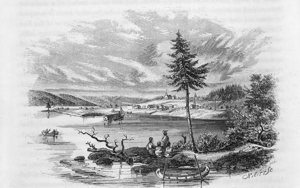Illustration of four Indians on Madeline Island with a canoe in the water on the shore.