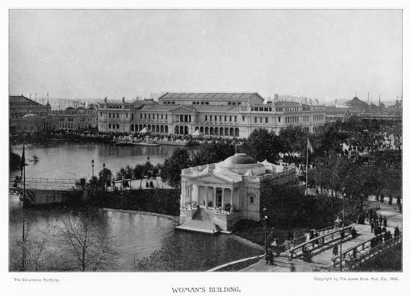 The Woman's Building is situated in the northwest part of the park that faces the great Lagoon, with the Wooded Island in the distance. Designed by Miss Sophia G. Hayden, the exhibits within this building are devoted only to the most distinguished works of woman.