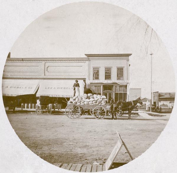 Man on horse-drawn wagon loaded with sacks in front of Lee & Diebels Company.