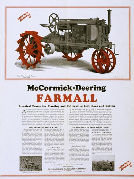 Advertising poster for the McCormick-Deering Farmall Regular tractor, featuring a color illustration of the tractor and descriptive text, and two photographs of men working outdoors in fields.