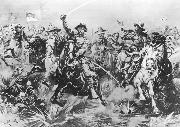 Illustration of Theodore Roosevelt and the Rough Riders at San Juan Hill.