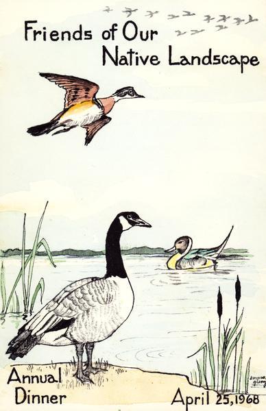 Cover for the Wisconsin Friends of Our Native Landscape program. Depicted are two geese and a duck on a lake. The Wisconsin Friends chapter was founded in 1920 by Jens Jensen, world famous landscape architect and nature lover.