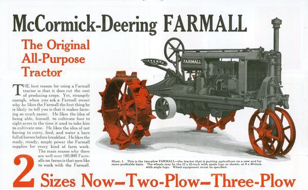 McCormick-Deering Farmall tractor, "The Original All-Purpose Tractor." Foldout advertising brochure entitled "Farm With Farmalls." Includes a color illustration of a tractor.
