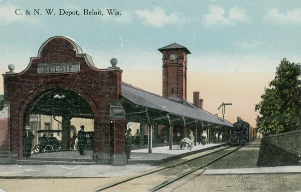 Colorized view of the Chicago & Northwestern Railway Depot at Beloit. Caption reads: "C. & N. W. Depot, Beloit, Wis."